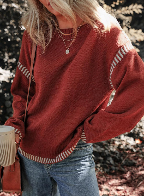 ⏰Hot Sale- Women's Cozy Contrast Trim Crewneck Sweater (BUY 2 FREE SHIPPING)