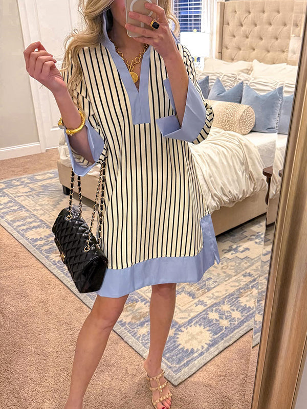 Women's Striped Split V Neck Collared Shirt Dress