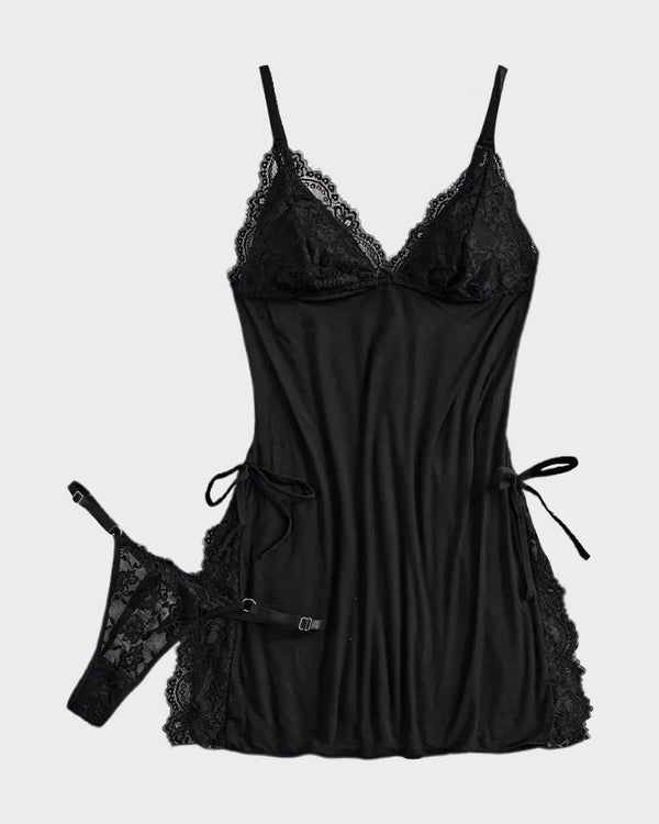 V-Neck Side Slits Lace Nightgown with G-String